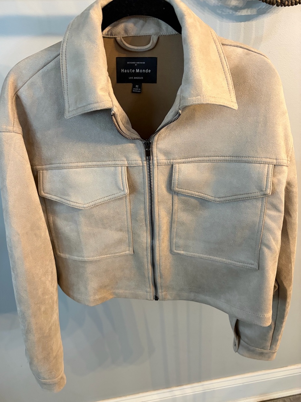 Haute Monde Light Beige Suede Cropped Zip Jacket size medium